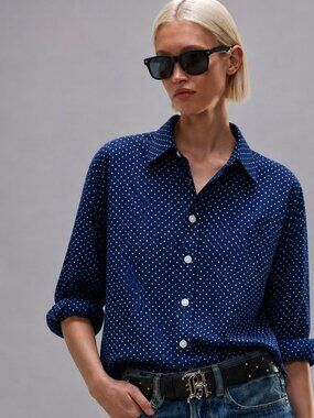 Pure cotton, Chaps (Ralph Lauren) navy polka dot blouse, no-iron